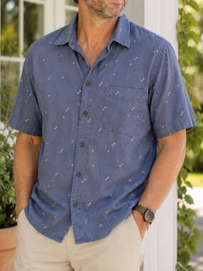 Katin Linen Cotton Men’s Blue Floral Short Sleeve Button Up Shirt Large